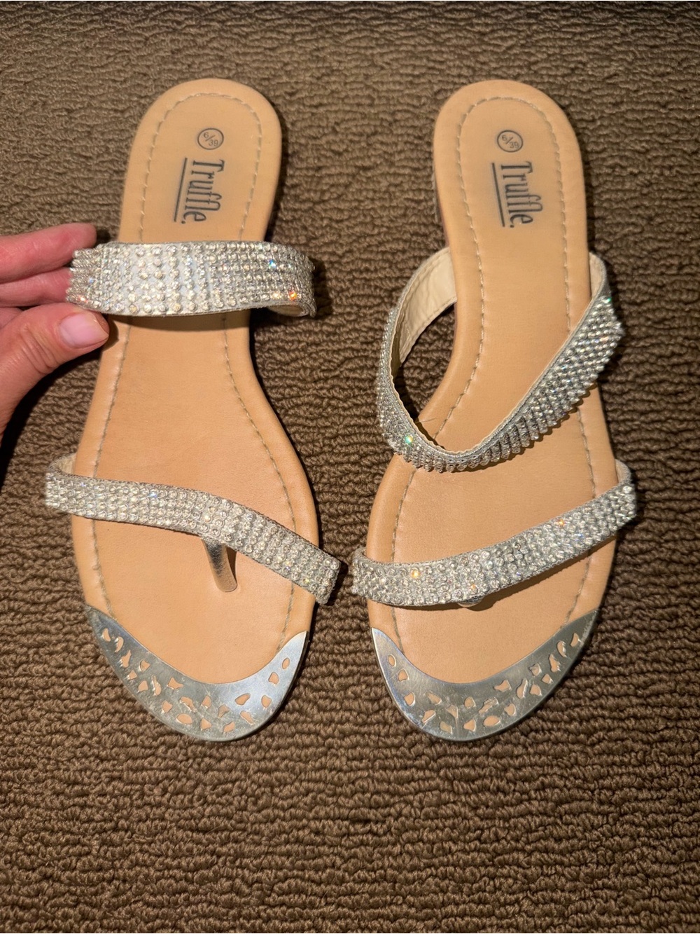 Truffle Silver Rhinestone Double-Strap Slide Sandals for Women